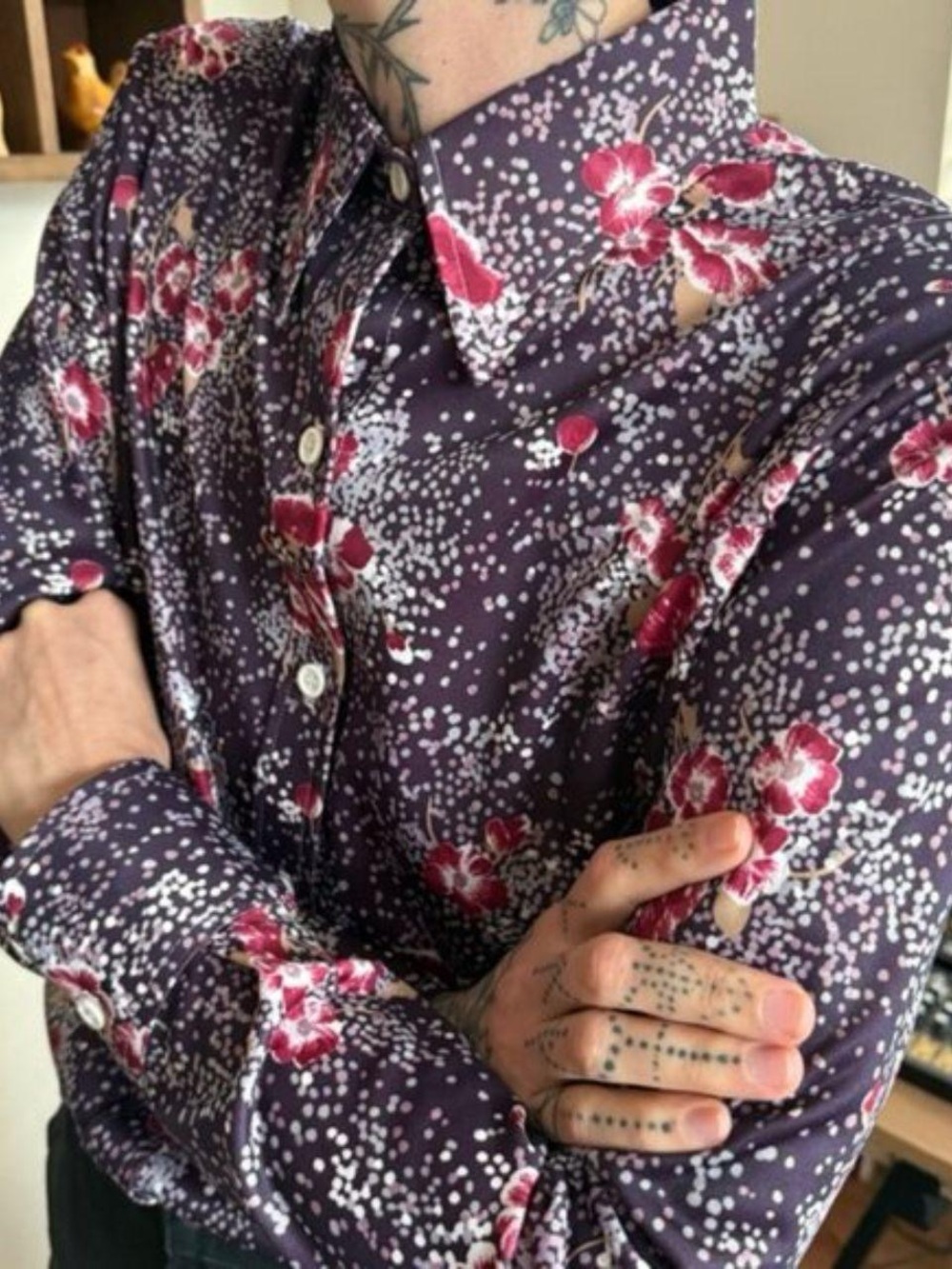 Vintage 60s 70s Purple Abstract Floral AOP Button Down Blouse ~ Size Medium - Picture 3 of 7
